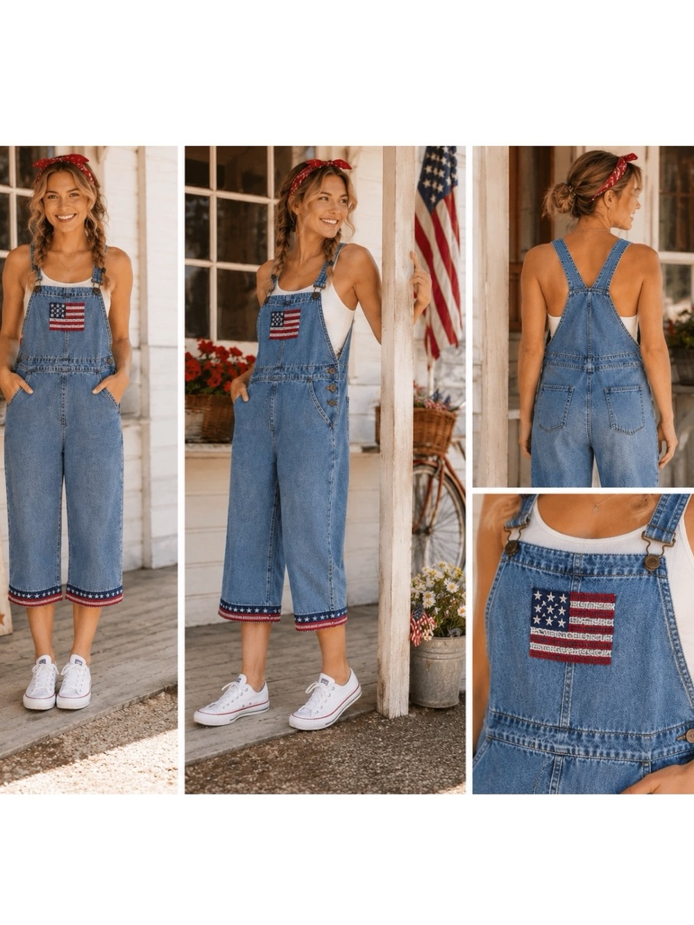 Agapo American Flag Embroidered Denim Overalls Americana Cottagecore